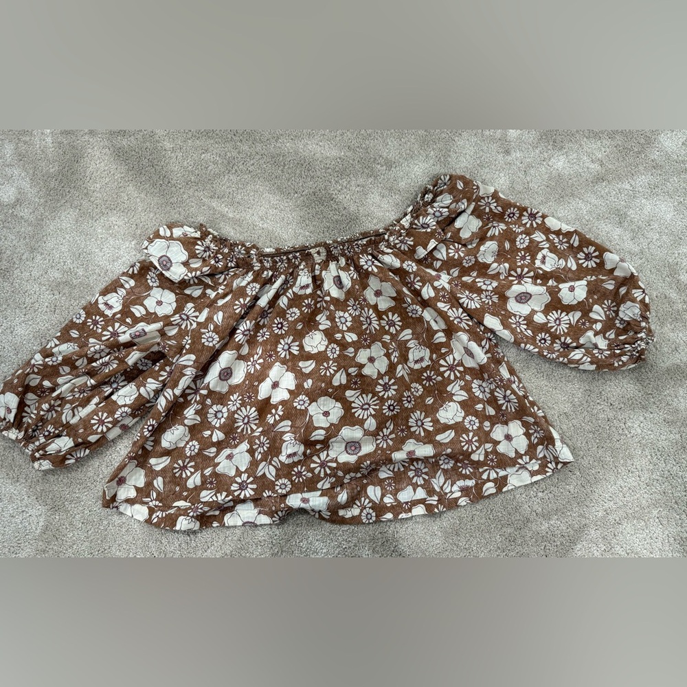 Free People brown puff sleeve blouse w/ cream floral pattern - Picture 10 of 12